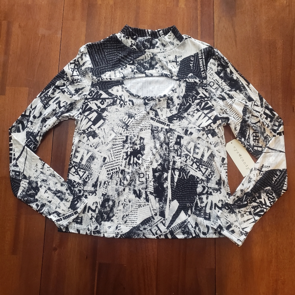 NWT Eye Candy Black White Ribbed News Print Shirt